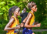Marathon de Paris 2017 km 37 Visiline Jepkesho vainqueure 2016 et Purity Rionoripo , vainqueure 2017 © Laurence Masson
